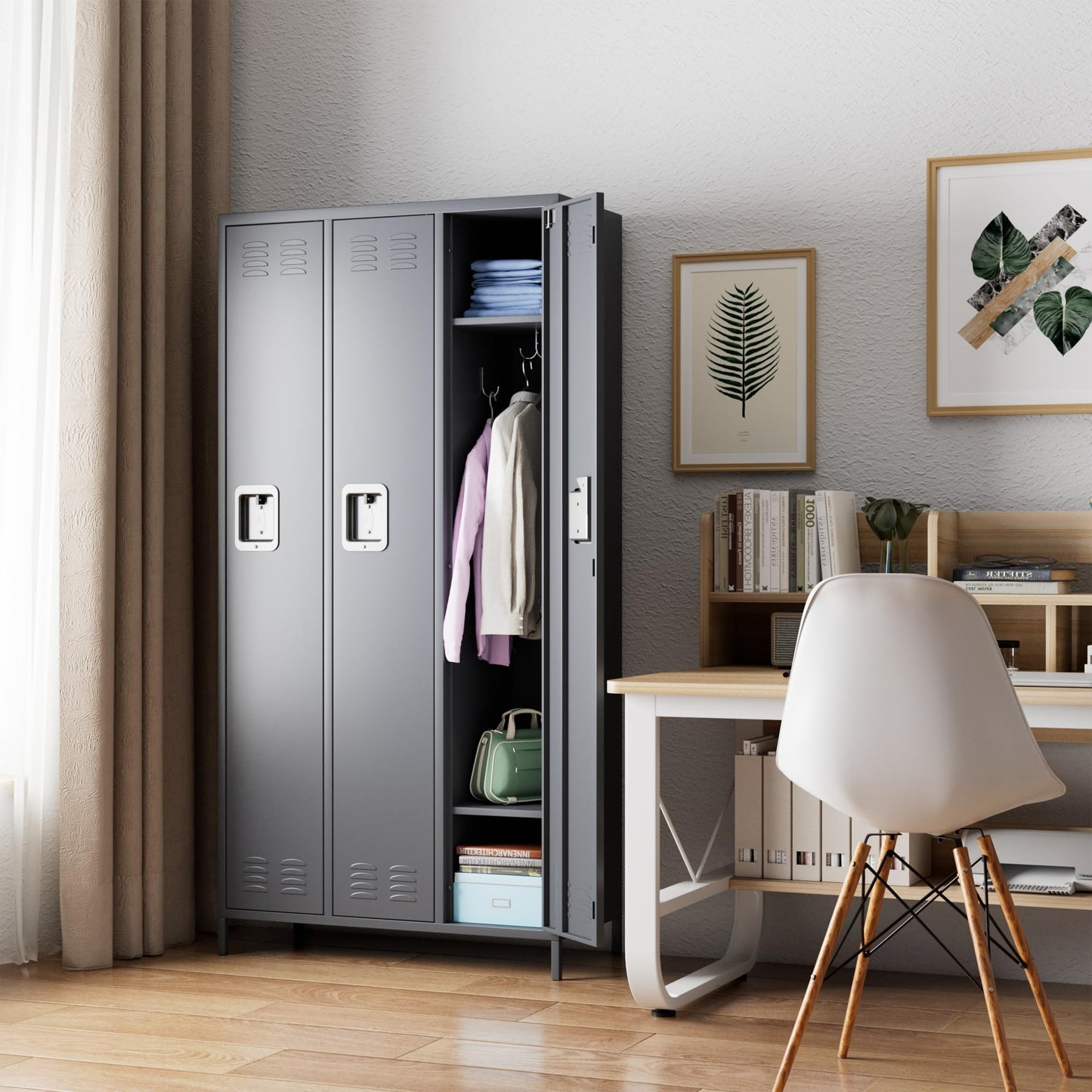 SUPEER Metal Storage Locker with 3 Doors,Metal Locker for Employees with 9 Hooks for School Garage Office Gym Home,Assembly Required,Dark Grey