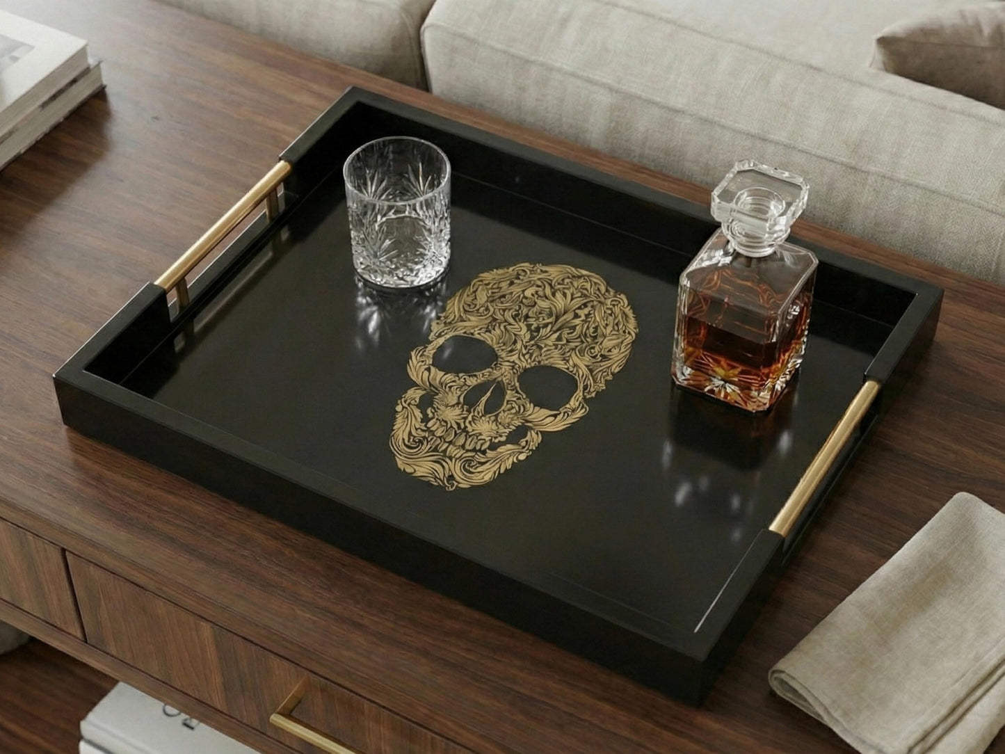 Gothic Skull Serving Tray with Gold Handles β Black Gloss Wooden Ottoman Tray for Coffee Table, Bar, or Kitchen β Elegant Gothic Decor & Unique Gift for Halloween, Horror & Alternative Style Lovers