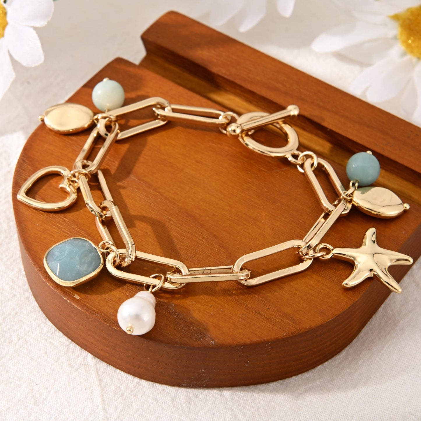 Ginyejly 14K Gold and Silver Plated Special Cain Link with Toggle Clasp Closure in Daily or Party for Women Fashion Jewelry Gifts (amazonite)
