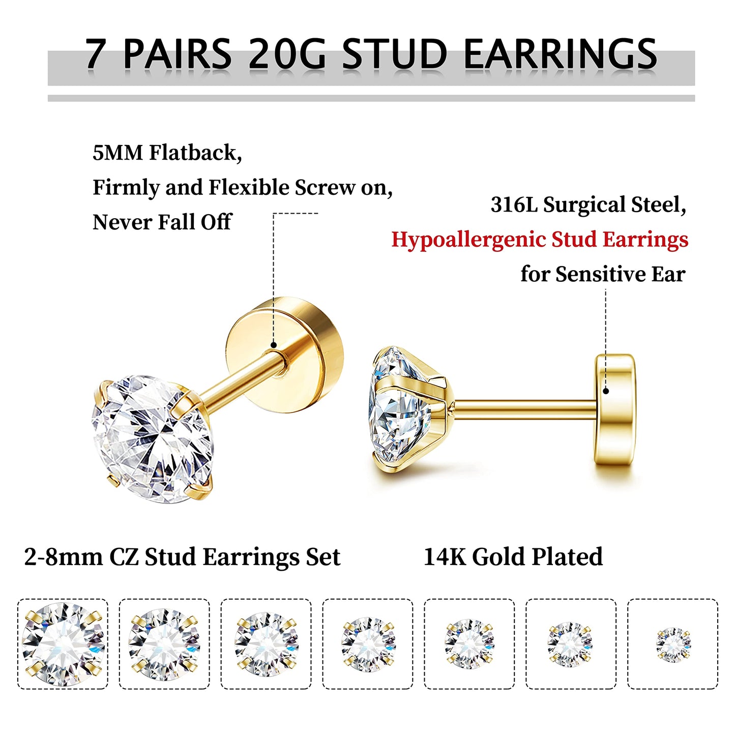 Fansilver 20G Hypoallergenic Flat Back Earrings for Women Men Silver 14K Gold Stainless Steel Stud Earrings Birthstone Cubic Zirconia Studs Surgical Steel Cartilage Earrings for Sensitive Ears