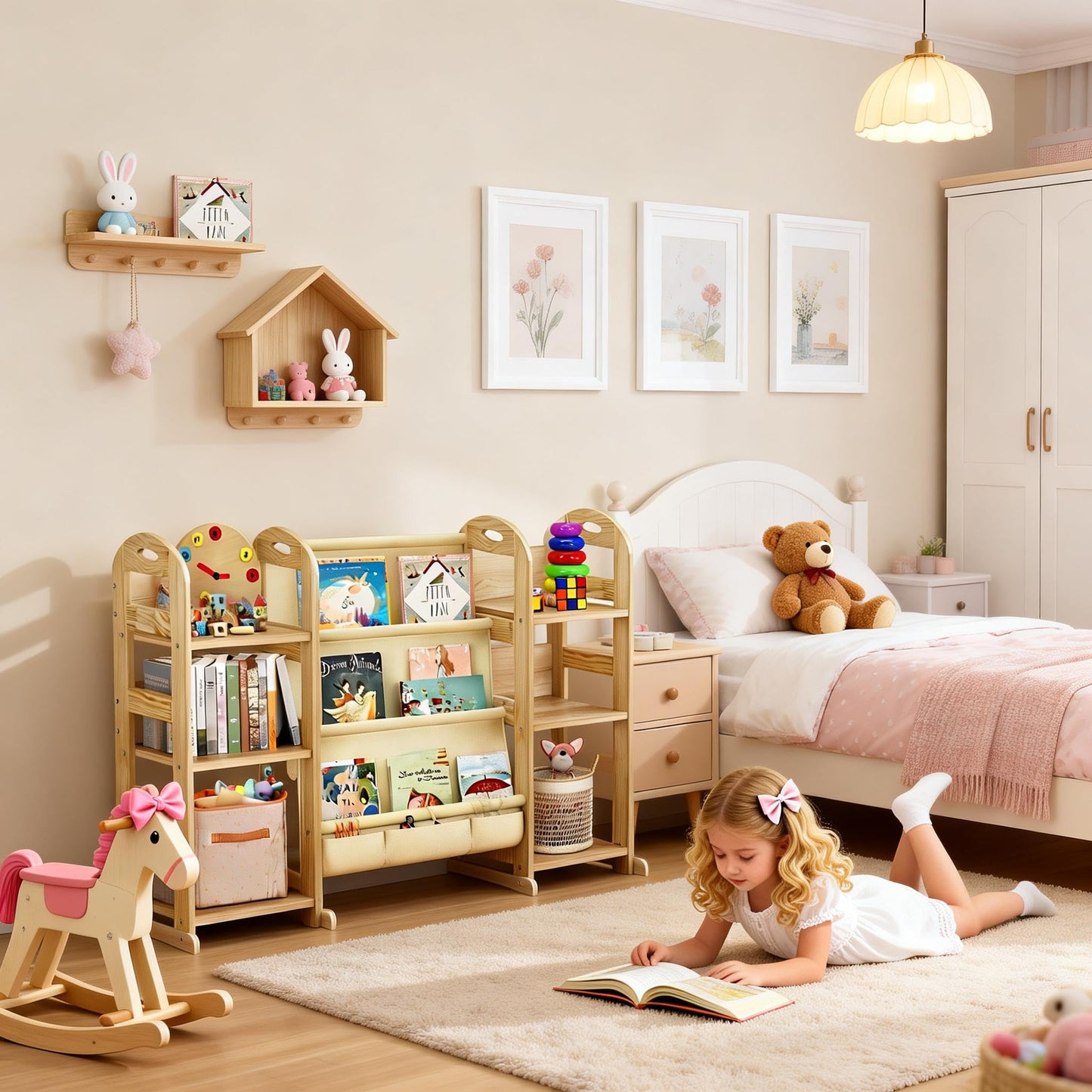 TWINDLE Kids Bookshelf and Toy Storage Organizer, Large 3 Tier Wooden Kids Book Shelf with Sling Book Rack for Kids Room, Nursery, Playroom