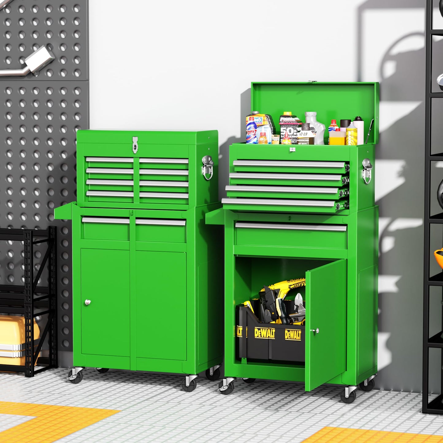 INTERGREAT 5-Drawer Rolling Tool Chest with Detachable Top Tool Box, Universal Lockable Wheels, Metal Tool Chest for Garage, Workshop, Barbershop (Green)