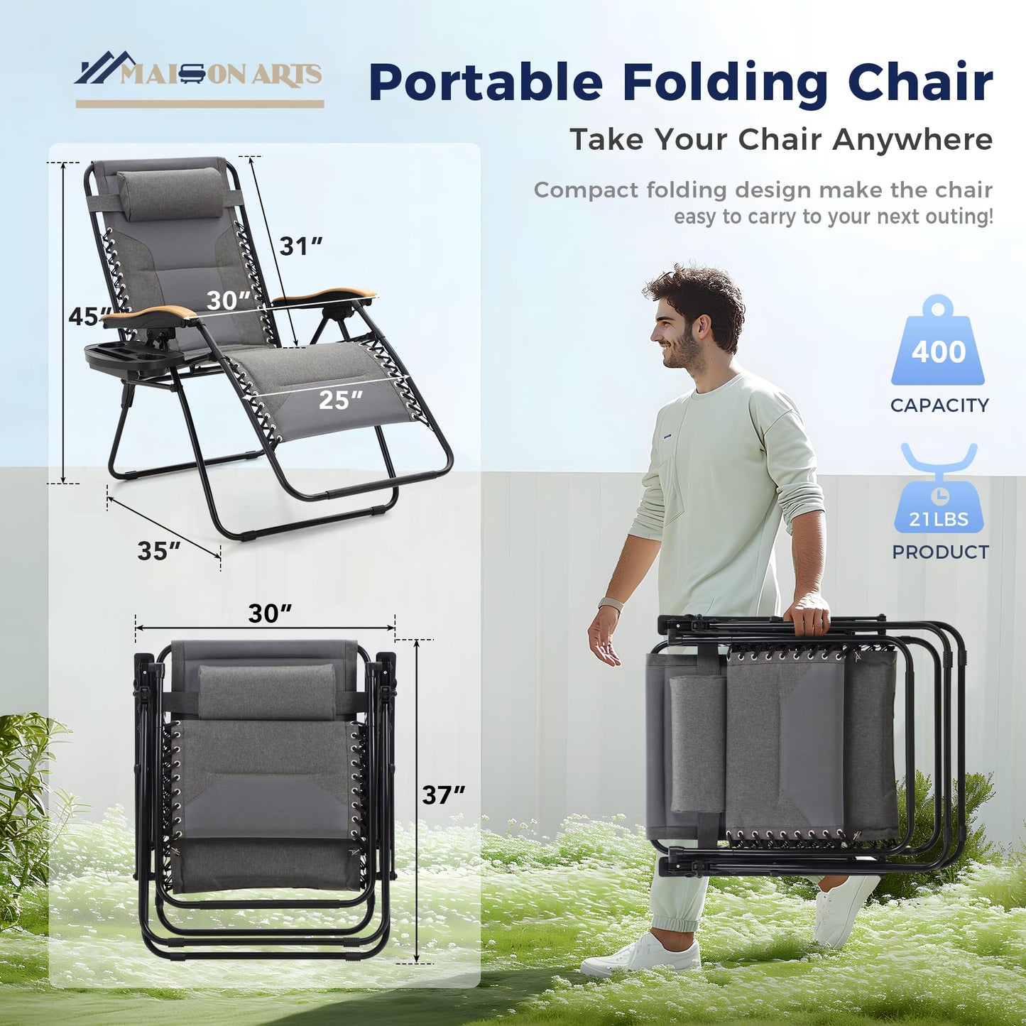 MAISON ARTS Oversized XXL Padded Zero Gravity Chair, 30" Wide Seat Foldable Patio Recliner, Anti Gravity Outdoor Lawn Chair with Cup Holder & Pillow, Supports 400lbs, Grey