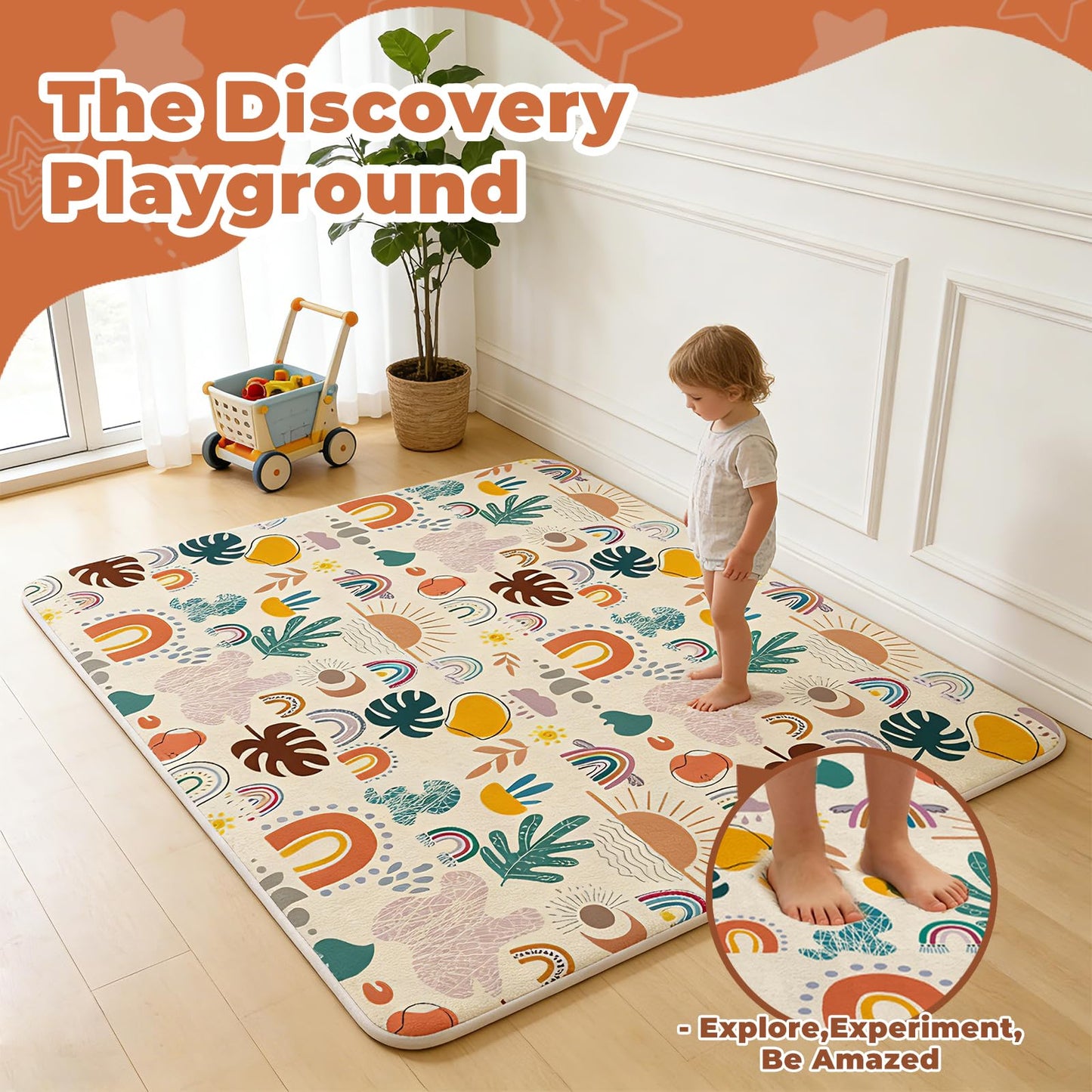 RONGFA Baby Play Mat for Floor, 50'' x 50'' Thicken Foam Padded Mat for Tummy Time, Playpen Playmat for Toddlers Infant Kids, Water-Repellent Coral Velvet, Non-Slip Bottom Safe for Crawling (Boho)