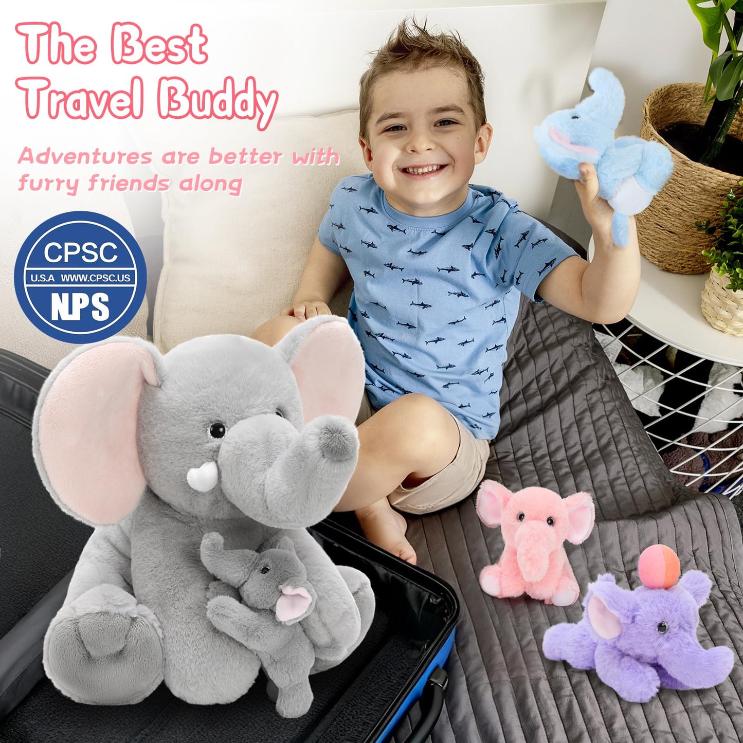 MorisMos Elephant Stuffed Animal with Rotating Trunk, 1 Mommy Elephant with 4 Babies Soft Plush Toys for Girls Boys Kids, Cute Elephant Plushie Gift for Birthday Christmas