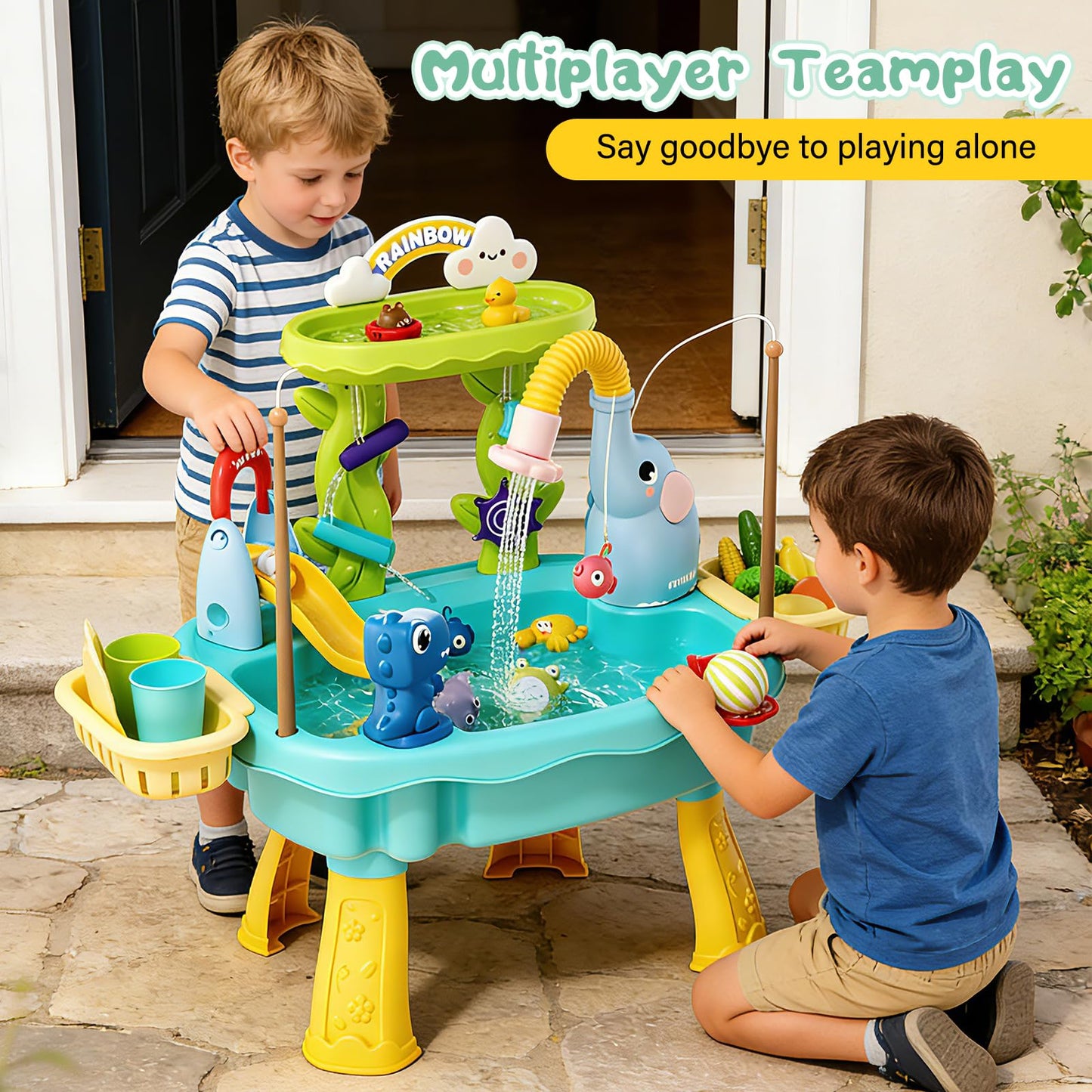 TUVBPK 2027 Upgraded Toddler Sand Water Table Toy with Electric Water Pump, Kids Sand Water with Faucet/Play Food Accessories/Fishing Toy, Kitchen Play Sink Toys for Girl Boy Age 3+ (Blue)