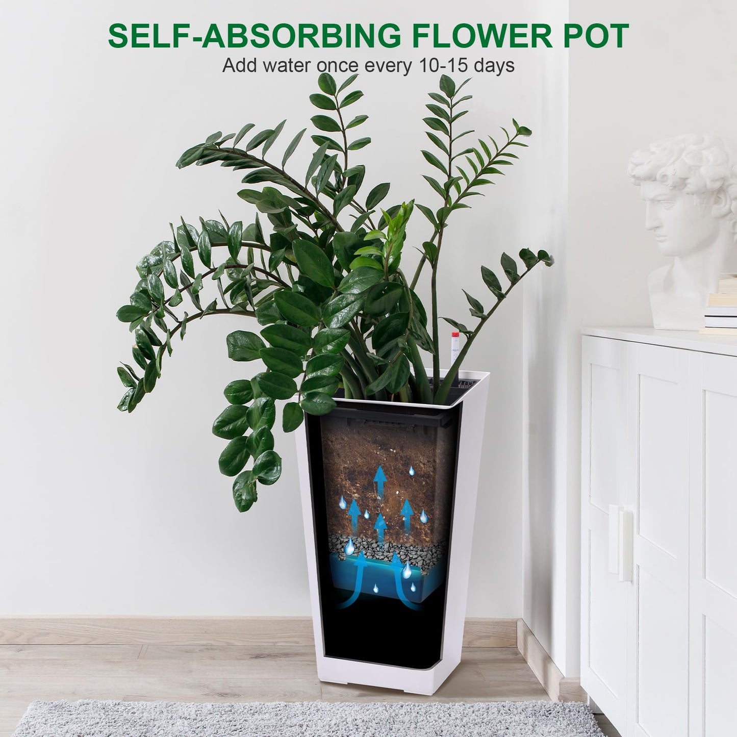 Garvee 22.5" Tall Planters Set of 2, Outdoor&Indoor Black Planter Pots, High Front Porch Planter Pots with Drainage Holes&Water Level Monitor&Inner Bucket,White