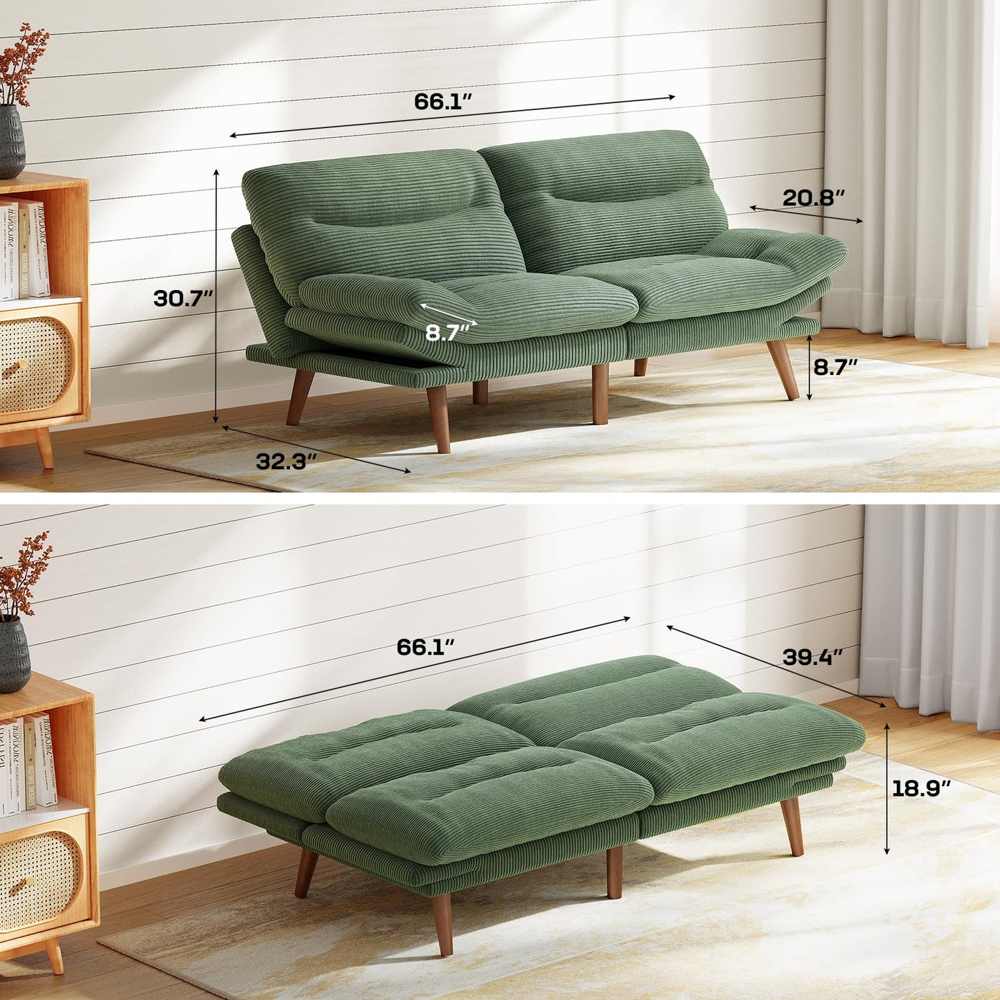 Marsail Futon Sofa Bed, 66” Futon Couch with Adjustable Backrest & Armrests, Convertible Small Sleeper Sofa Bed for Small Apartments, Study Room, Office, Corduroy Loveseat, Olive Green