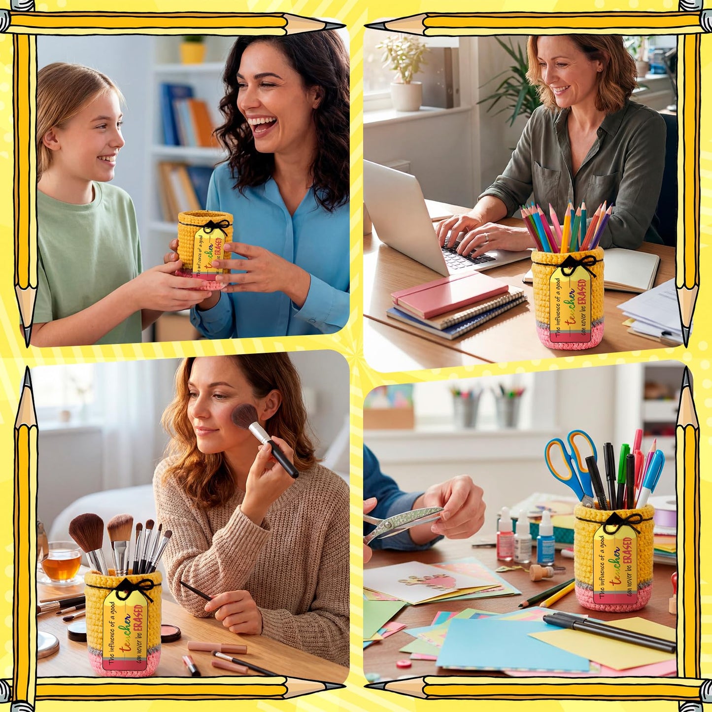 Rivvlive 6 Set Crochet Teacher Appreciation Gift Pencil Holder with Positive Card Classroom Desk Stationery Storage Organizer Thank You Gifts for Teachers Educator Staff Office School Supplies