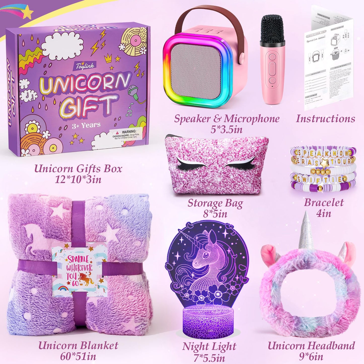 Toylink Unicorn Gifts for Girls Age 4 5 6 7 8 9 10, Kids Unicorn Toys with Mini Karaoke Machine/Glowing Blanket/Night Light/Headband/Bracelets, Birthday Graduation Gifts for Daughter Niece