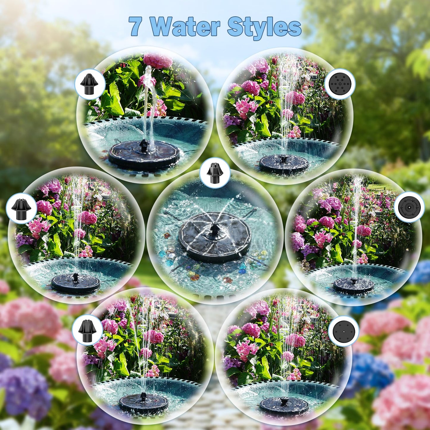 Yzert Solar Fountain with 2000mah Battery, 3-Level Adjustable Water Height, Rotating Rods, Works in Shadow, 7 Nozzles, 2026 3.5W Glass Outdoor Fountain Pump for Bird Bath, Garden, Pond, Flower Pot