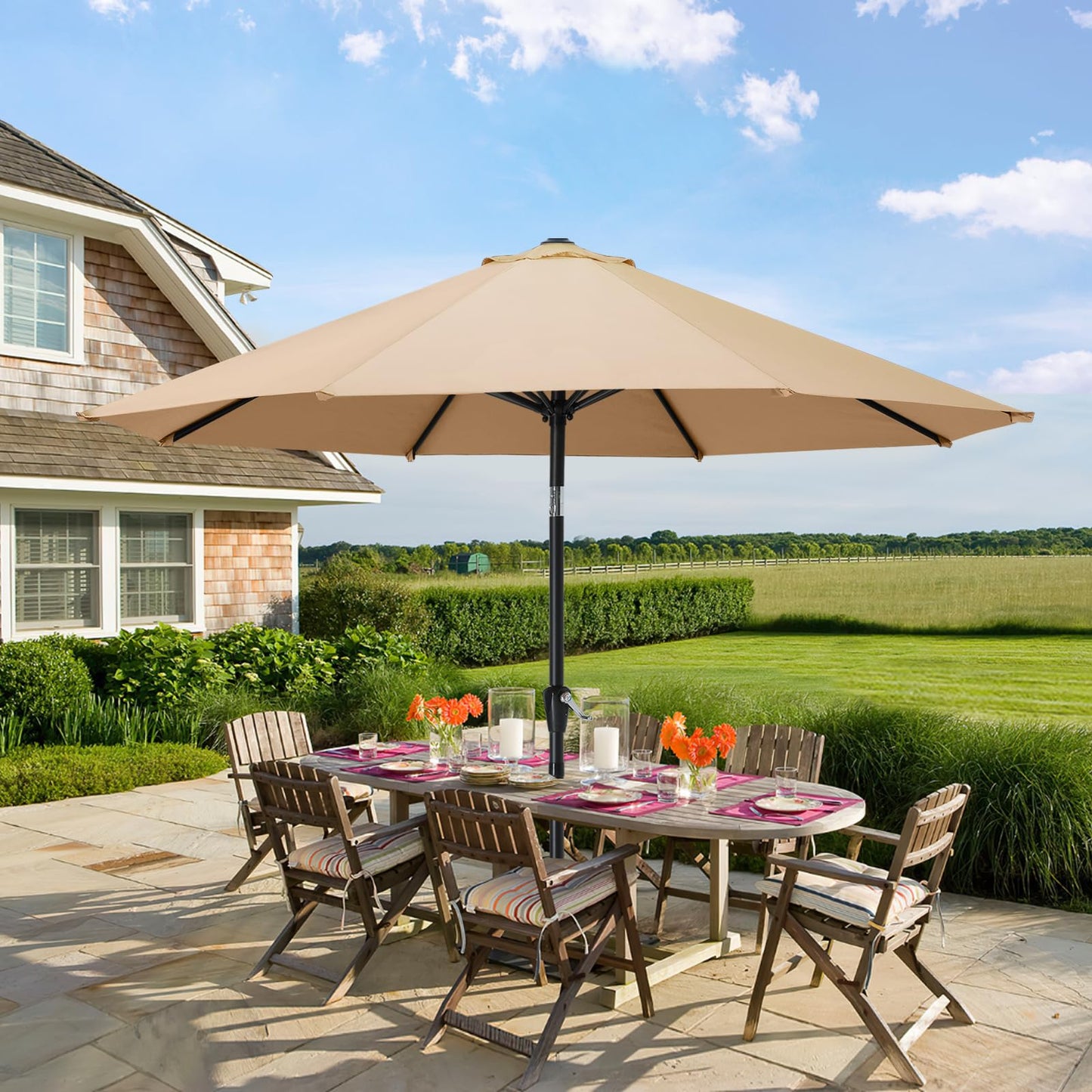 MASTERCANOPY 9FT Patio Umbrella with Push Button Tilt and Crank, Outdoor Market Umbrella with 8 Sturdy Ribs, UV Protection & Waterproof for Garden, Deck, Backyard, Pool (Khaki)