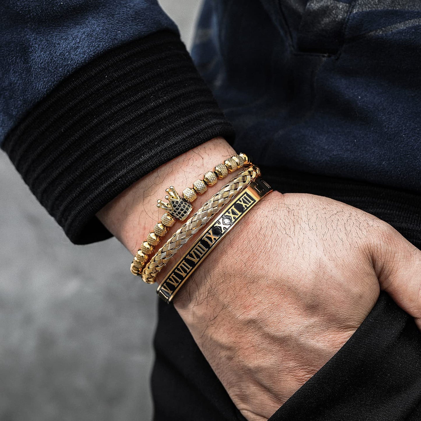 WFYOU 3PCS Stainless Steel Bracelets for Men Gold Roman Numeral Bangle Bracelet Twisted Cable Bracelet Adjustable Cuff Bracelet Mens Luxury Jewelry Bracelets Gifts(I:Gold)