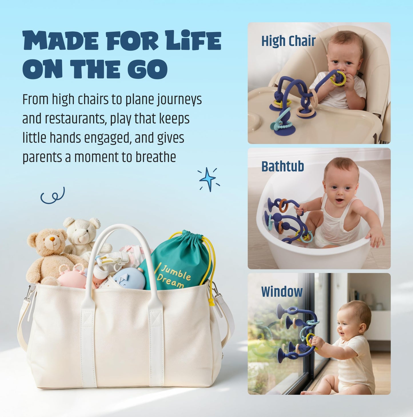 Jumble Jangle Baby Teething Toys β BPA-Free, Multi Purpose High Chair Toys & Sensory Toys for Kids with Autism: Suction Teething Relief with Sensory Toy Textures for Infants & Toddlers (Green)