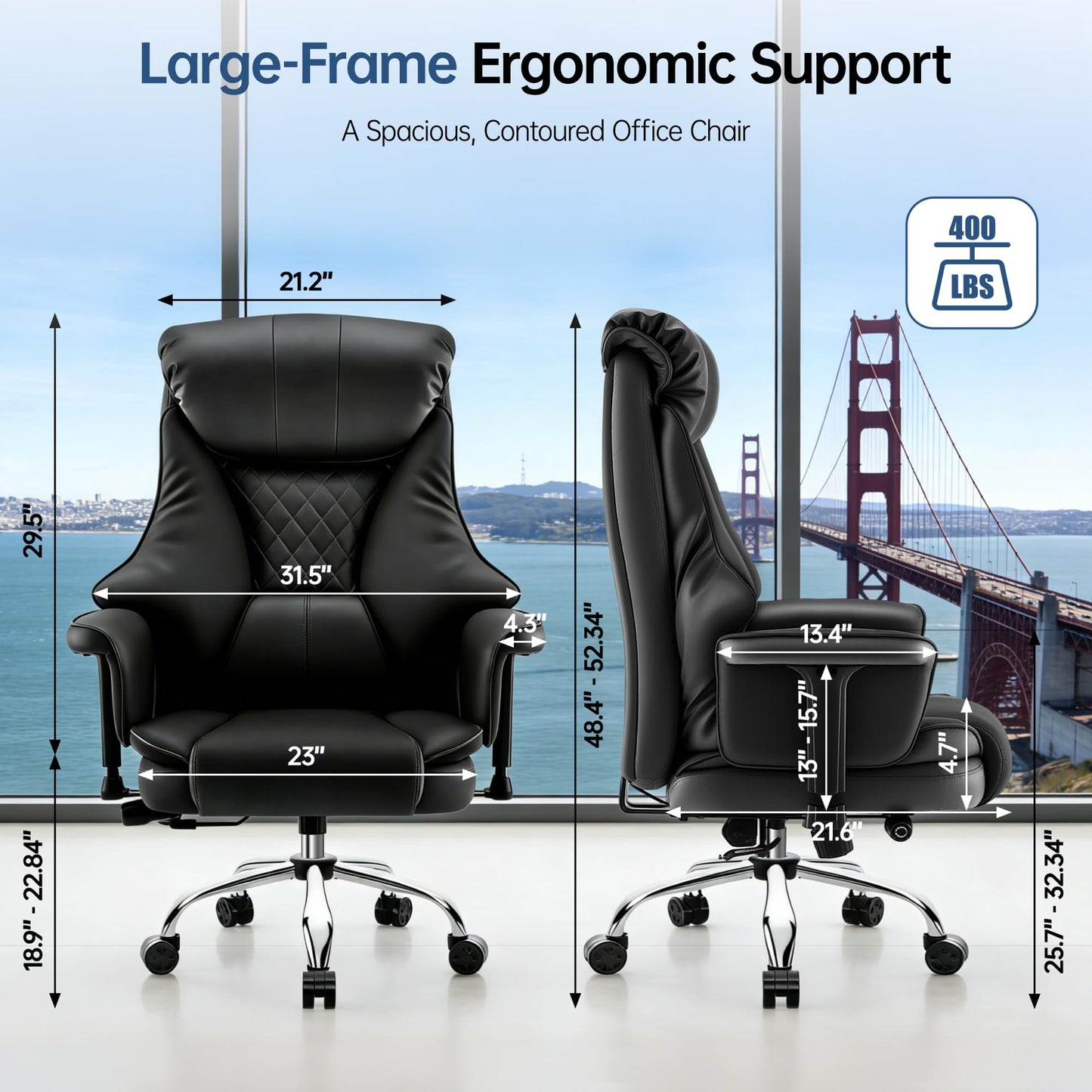 AreShark Big and Tall Office Chair - Executive High Back Leather Office Desk Chair with Adjustable Lumbar Support - Ergonomic Comfortable Heavy Duty Computer Gaming Chair with Padded Arms & Wide Seat