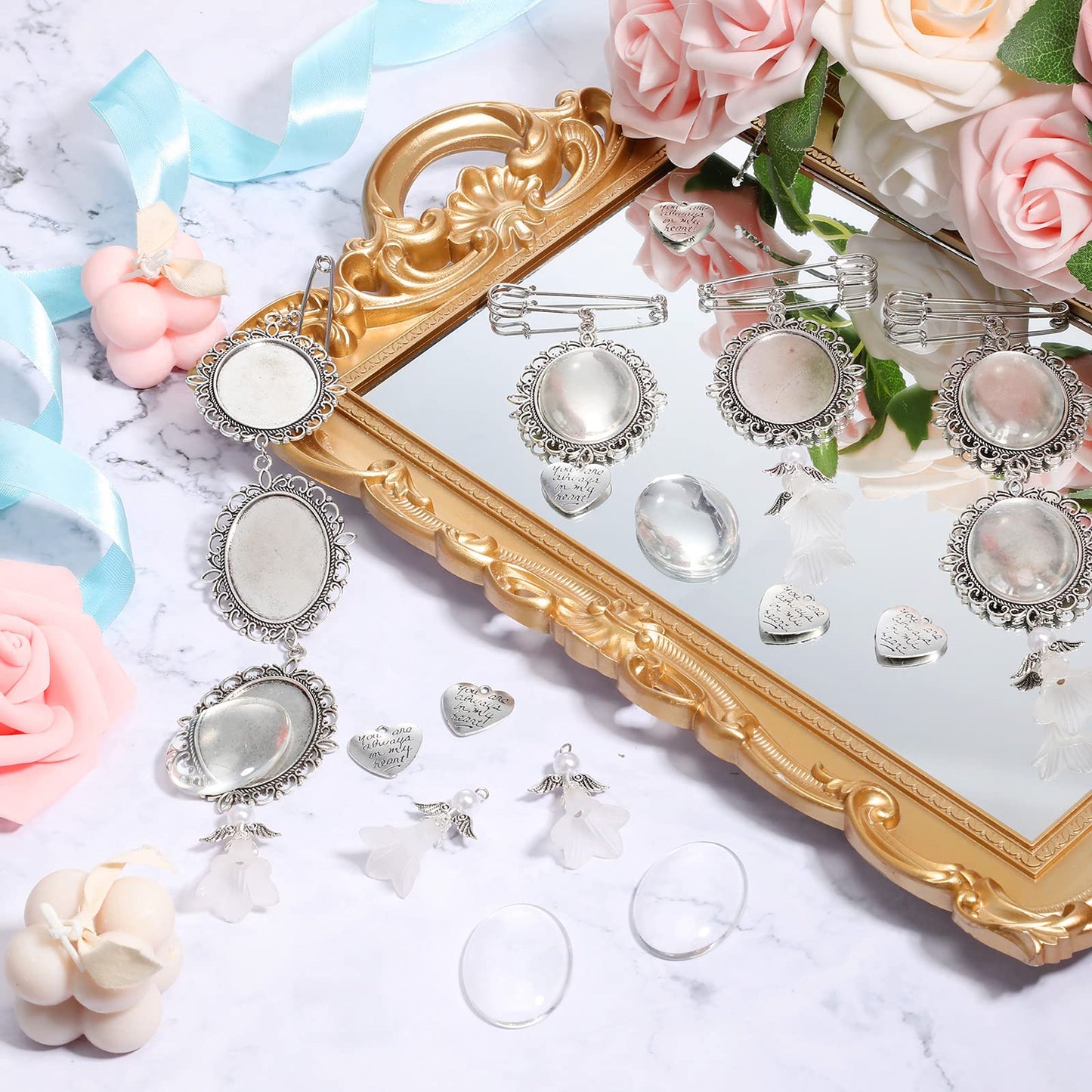 Hicarer 110 Pcs Wedding Bouquet Photo Charms Memory Bridal Charms Frame Picture DIY Pin Brooch Making Kit, 1.18 x 1.57'' Oval Glass Cabochon Pendants Bulk Memorial Mother Father of The Bride