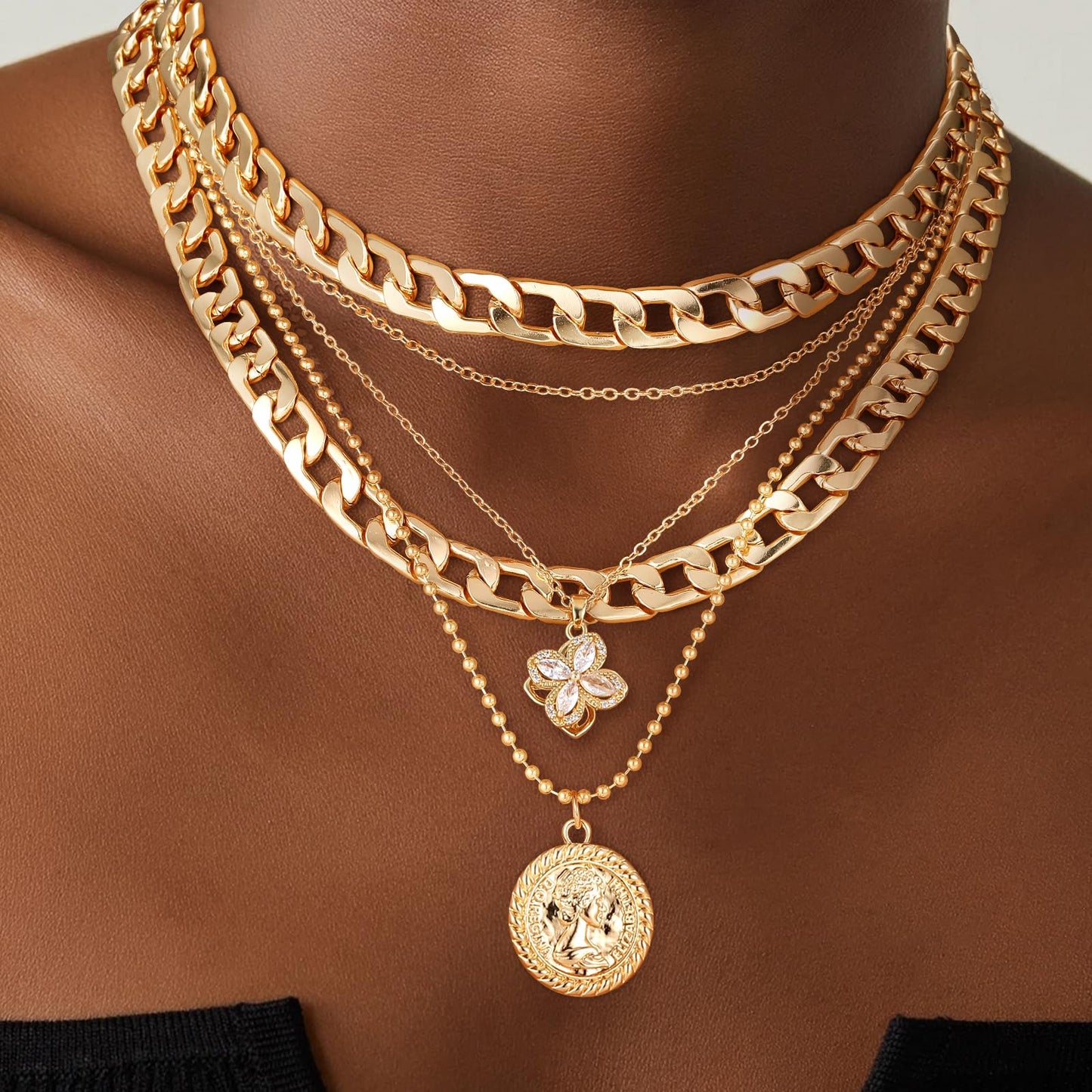 MJartoria Gold Layered Necklaces for Women Trendy Retro Coin Pendant Necklace Dainty Chunky Chain Choker Necklaces for Jewelry Birthday Gifts (Gold, A-Z-Rotatable Clover+Rhinestone-5 in 1 Layered)