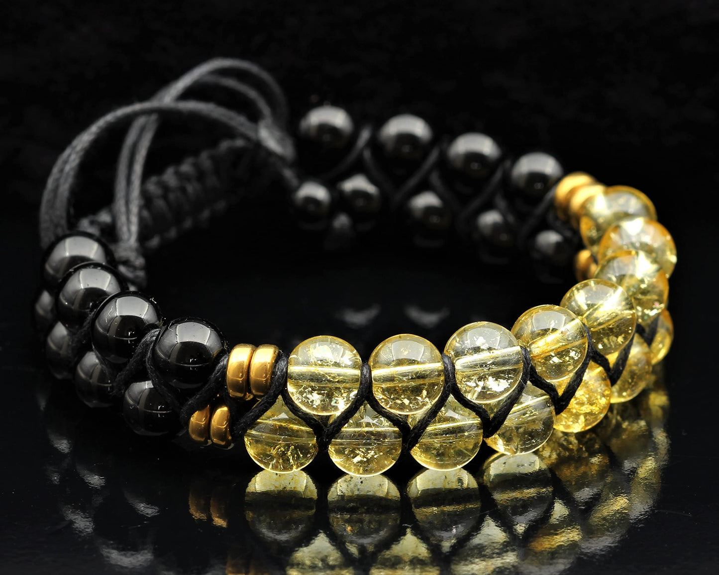Natural Citrine Double Row Bracelet for Men & Women | Handmade 8mm Citrine Black Onyx Macrame Bead Bracelet | Adjustable Waxed Cord | Sagittarius Zodiac Chakra Jewelry Gift