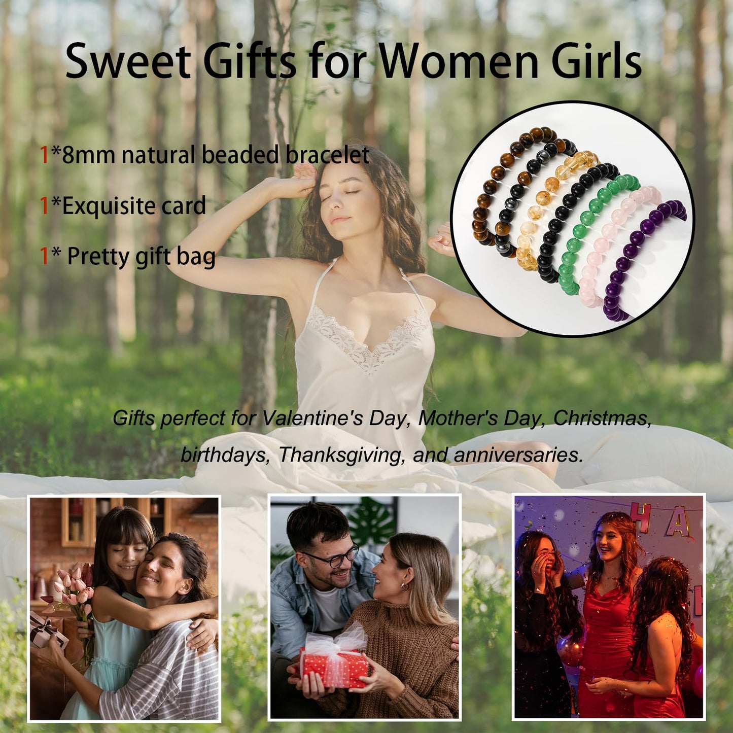 Gnamy Tiger Eye Beads Bracelet for Women, Healing Crystal Bracelet for Spiritual Healing Positive Energy Stress Relief, Natural Stone Stretch Beaded Bracelets Birthday Valentines Gifts Jewelry for Her Daughter Best Friends