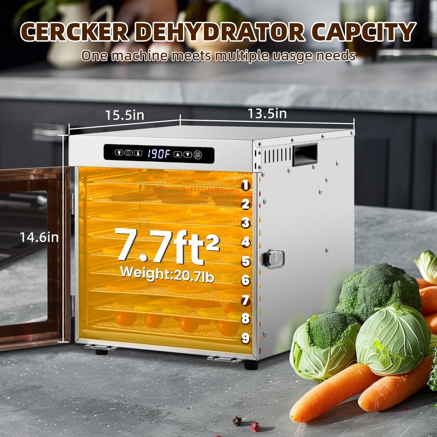 Food-Dehydrator Machine 9 Stainless Steel Trays, 1000W Fruit Dehydrator,7.7ft² Meat Dryer for Jerky,190ºF Temperature Control,24H Timer Dryer Machine for Herbs,Beef