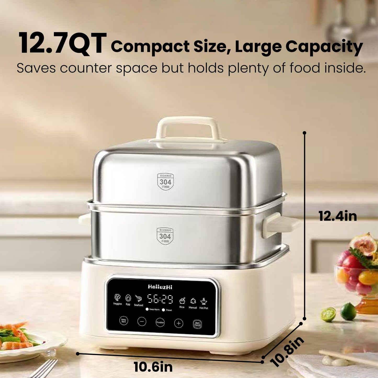 Electric Food Steamer 12.7 QT, Double-Tier 8-in-1 Vegetable & Meal Steamer, Stainless Steel, Timer & Keep Warm, Boil-Dry Protection, Healthy Cooking Kitchen Steamer