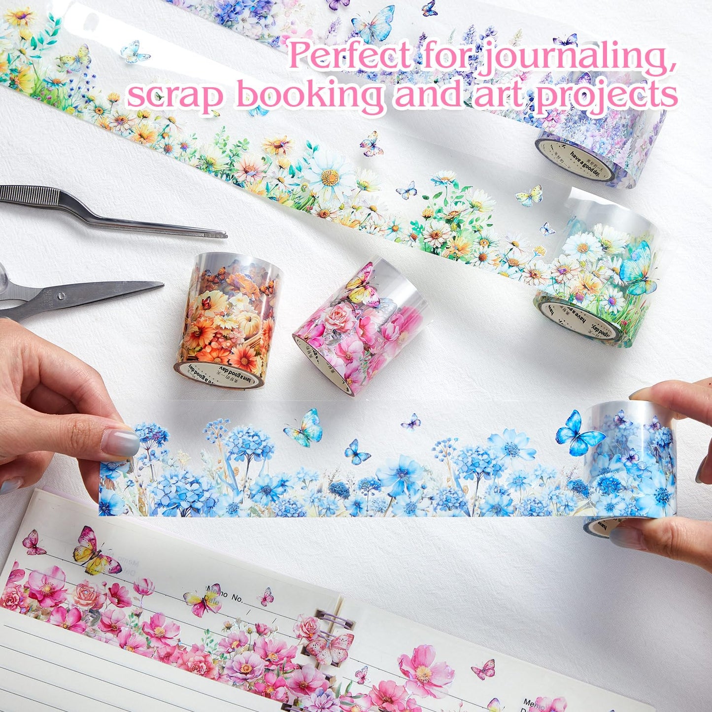Gilprop 5 Rolls Floral Washi PET Tape Set Flower Butterfly Scrapbook Junk Journal Supplies, Clear Decorative Tape Stickers DIY for Arts Crafts Bullet Planner, 50mm Wide x 78. 74 Inch Long/roll