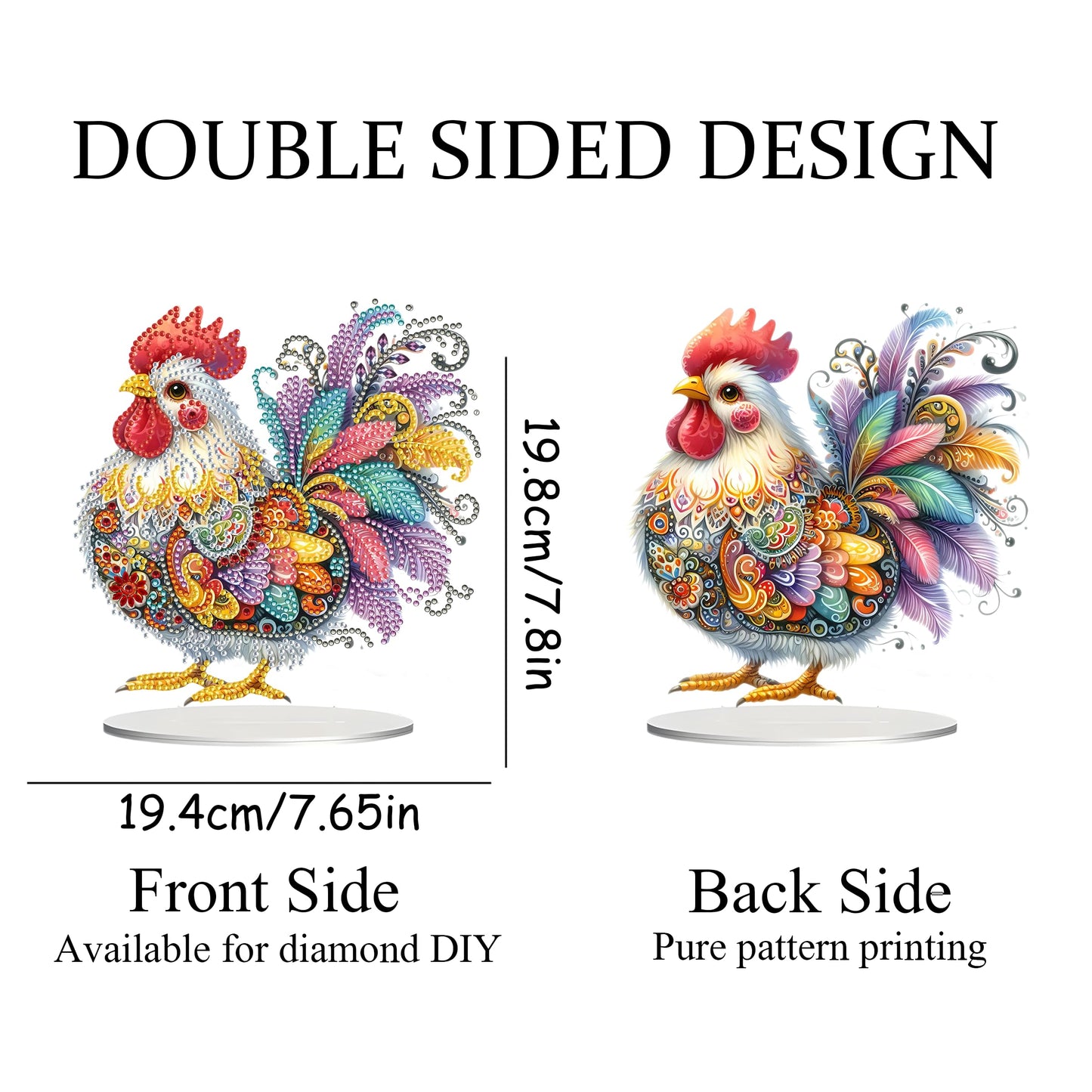 JJFox DIY Tabletop Diamond Art Painting Kit,Special Shaped Rhinestone Desk Placement Ornament,Home Stand Up Gem Painting Craft Kit,Gift,Double Sided. (Rooster-1)