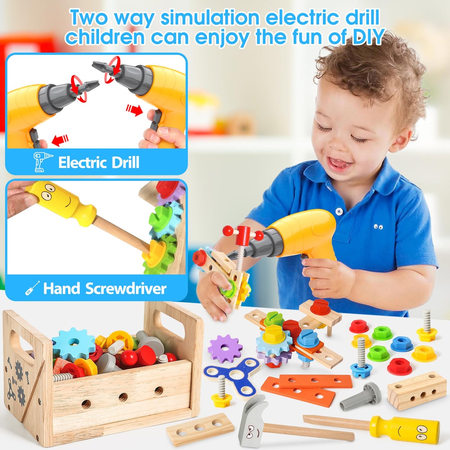 Kids Tool Set Toy with Drill, Wooden Toy for 2 3 4 5 Years Old Boy Girl, 37 Pcs Stem Montessori Toy for Learning Educational Construction Toy, Birthday Gift for Kids