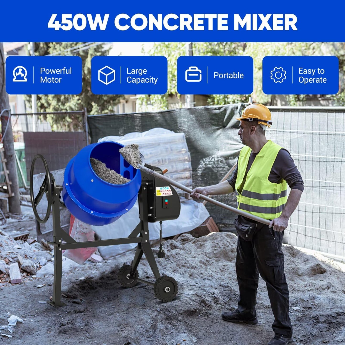 4.3 Cu.Ft Cement Mixer, 450W 3/5HP Electric Cement Mixer Machine, Heavy Duty Potable Concrete Mixer Machine with Wheel and Stand for Stucco, Mortar, Seeds, Blue