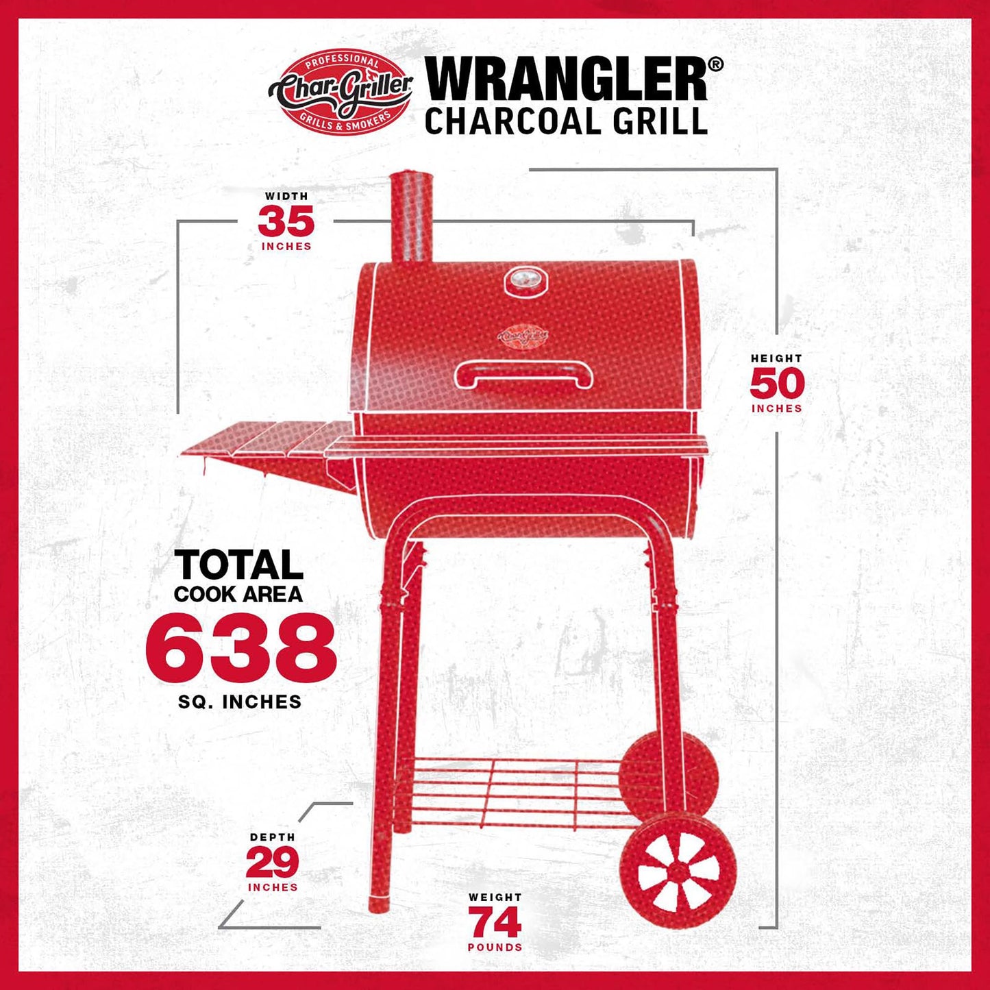 Char-Griller® Wrangler® Charcoal Grill in Black with Metal Shelves, EasyDump™ Ash Pan, Premium Wood Front and Side Shelves with Utensil Hooks, 640 Cooking Square Inches in Black, Model 2823