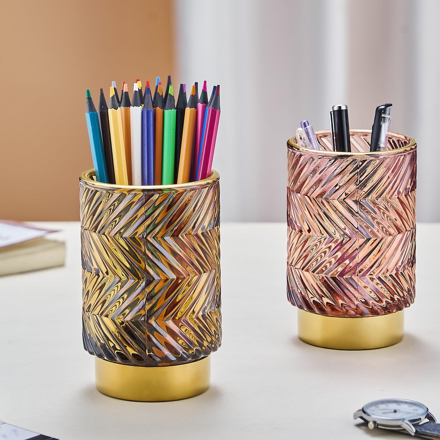 LEICURACE Makeup Brush Holder Organizer,Toothbrush Holders,Desk Pen Pencil Holder,Multifunctional Vintage Glass Brush Cup(A40-4-US)