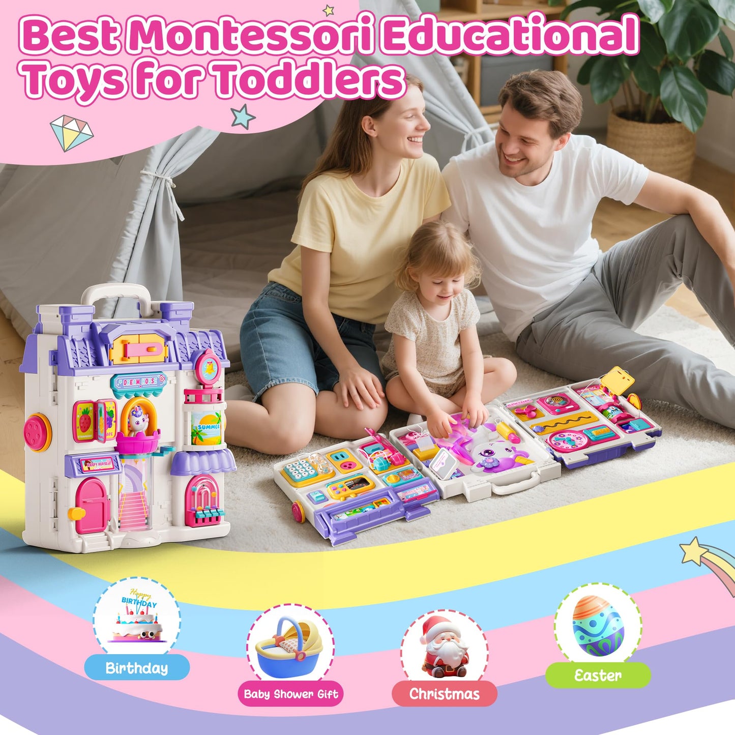 Nicella Busy Board for 1 Year Old Girl Gifts, Montessori Toys for 1 2 Year Old - 56+ Activities Bilingual Music Learning Sensory Toys for Toddlers 1-3 - Birthday Gift for 1+ Year Old Girl Boy