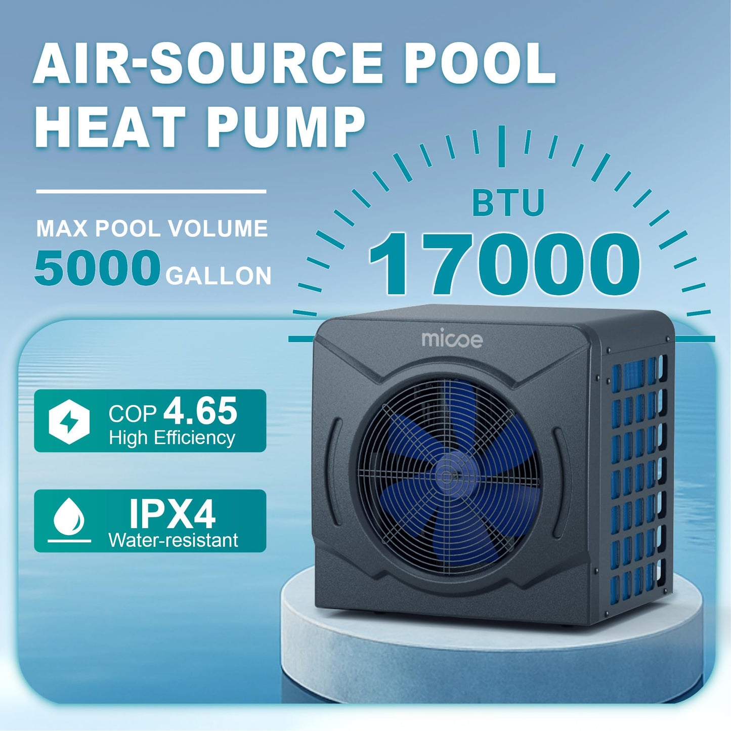MICOE 17000 BTU Pool Heat Pump Electric Swimming Pool Heater for Above Ground Pools and Spas Up to 5000 Gallons, Titanium Heat Exchanger, Heating and Cooling, 110V/120V