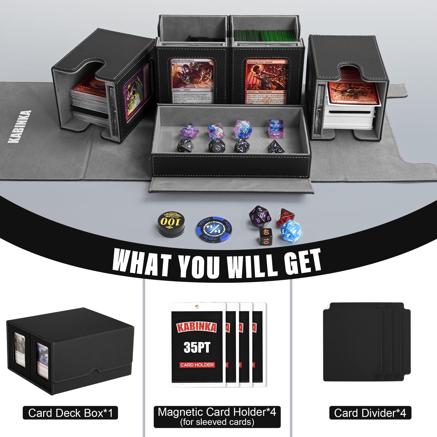 Kabinka Card Deck Box for MTG Commander, Holds 400+ Double-Sleeved Cards, 5 IN 1 Detachable Card Case with Dice Tray, Fits Magic/TCG Cards, 4 Magnetic Card Holders & Dividers (Black)