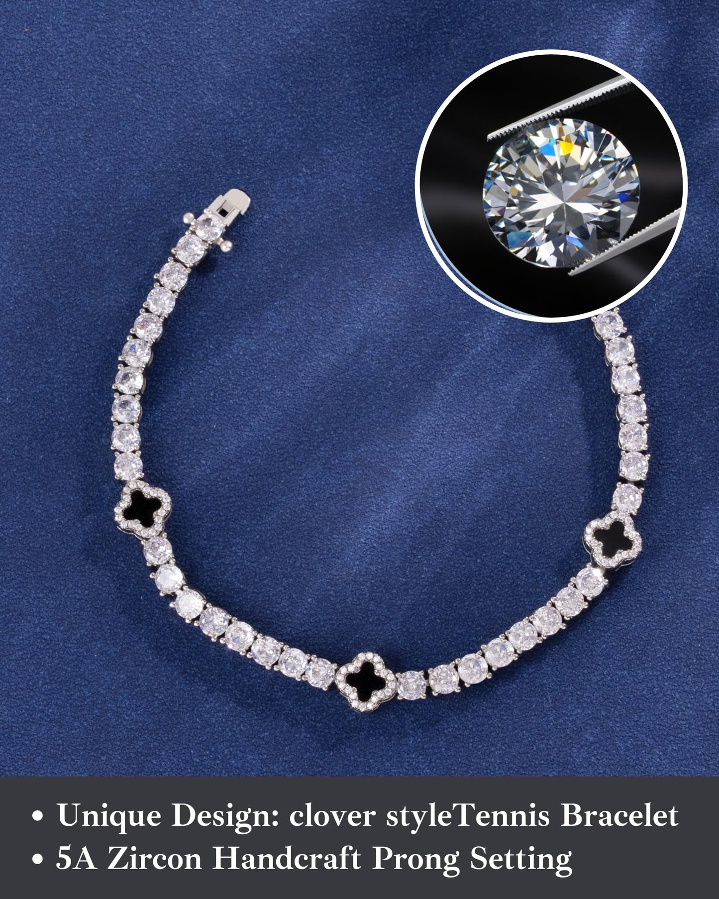 LuxeFlex 4mm Iced Out Clover Tennis Bracelet, White Gold Plated with 5A Zircon Stones, Handmade exquisite Hip Hop Jewelry, Perfect Unisex Gift (White Gold, 7)
