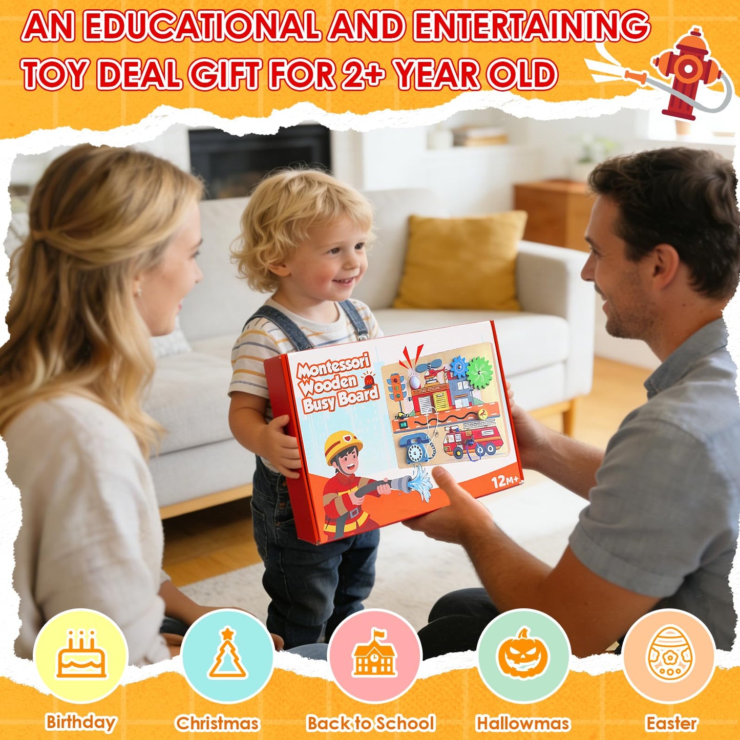 Wdmiya Montessori Busy Board for Toddlers 2-4, Fire Truck Activity Board with LED Lights & Sounds, Wooden Sensory Learning Toy with Rotary Phone, Helicopter & Gears, for 2 3 4 Year Old Boys Girls Gift