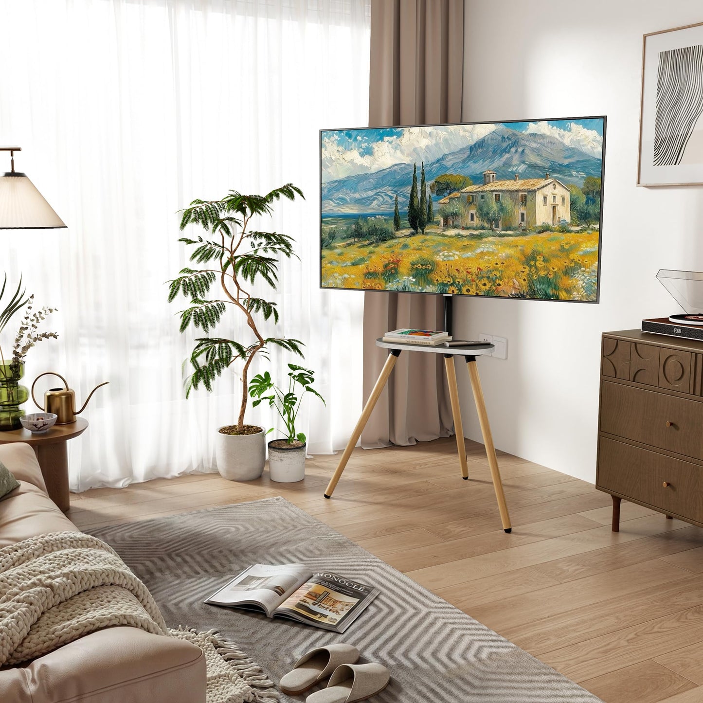 ECOTINY Tripod Easel TV Stand for 43–65 Inch TVs, Height Adjustable Swivel Floor Stand with Wooden Tray and Cable Management, VESA 400x400, Minimalist White
