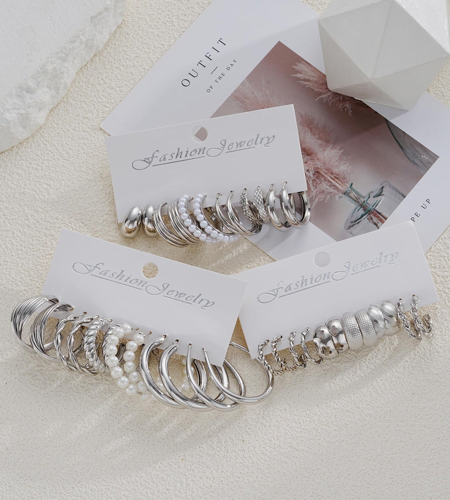 Silver Hoop Earrings Set for Women, 18 Pairs Hypoallergenic Chunky Open Pearl Hoops Earring Multipack, Silver Statement Hoop Earrings for Women Trendy Jewelry