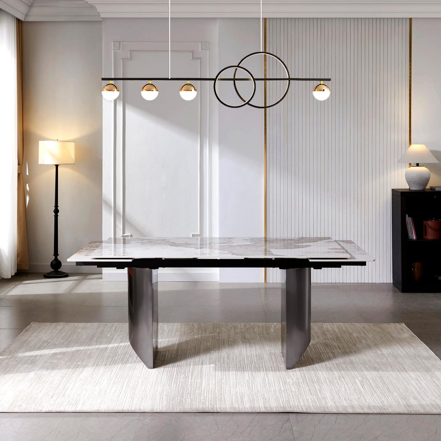 Extendable Dining Table Set for 4-10, Modern Dining Room Table with Black Carbon Steel Base, Rectangular Sintered Stone Top Dinner Table, 63''-94.4'' Folding Kitchen Table (Dining Table Only)