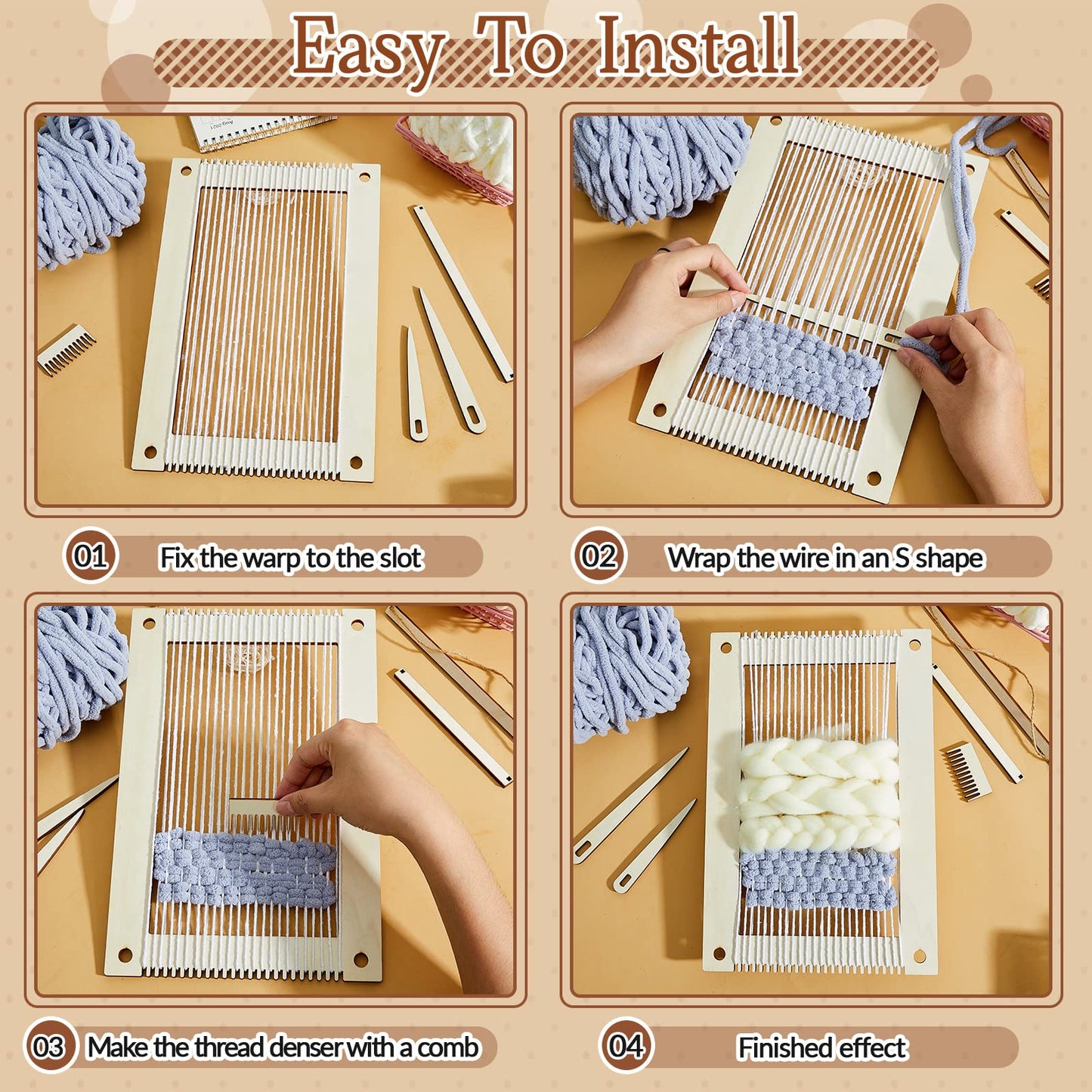 Juexica 7-Piece Weaving Loom Kit for Beginners, Complete Wooden Small Weaving Loom with Stick,Comb,Crochet Needle, DIY Craft Kit for Adults, Ideal Gift for Mother's Day Birthday Christmas(Beige)