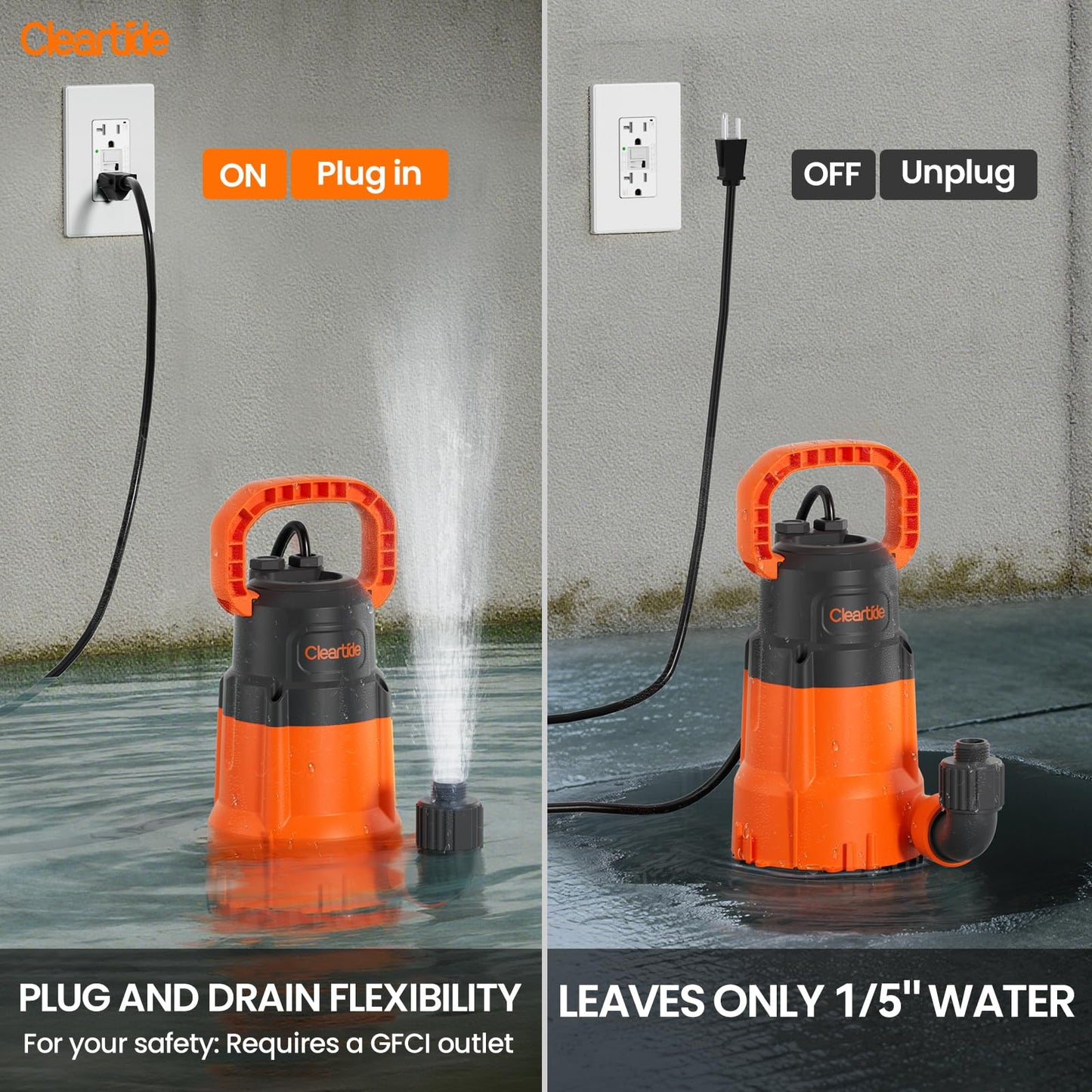 Cleartide Utility Pump, 8160 LPH Submersible Water Pump for Pool Draining, Hot Tub, Basement, 100% Copper Motor, Electric Drain Pump Handles 1/8" Solids, 10 FT Cord
