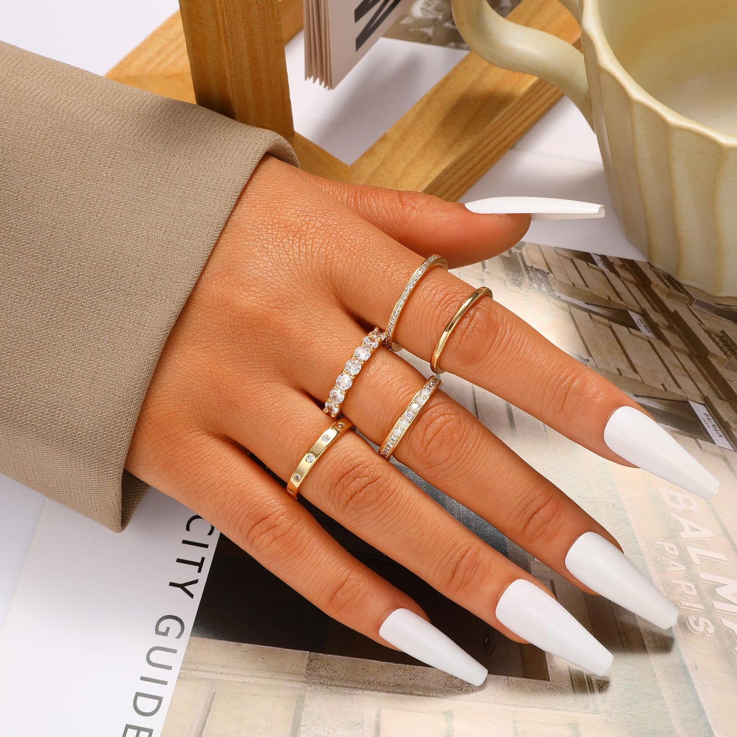 FAXHION Gold Rings for Women Non Tarnish, 14k Gold Plated Dainty Stacking Cubic Zirconia Thumb Rings, Gold Knuckle Women Rings Set Jewelry Size (8)