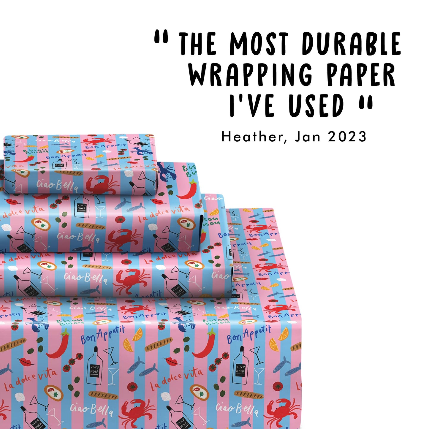 CENTRAL 23 Striped Wrapping Paper - 6 Sheets Of Gift Wrap - Food Themed Holiday Wrapping Paper - Pink And Blue Stripes - Birthday Wedding Christmas - Recyclable