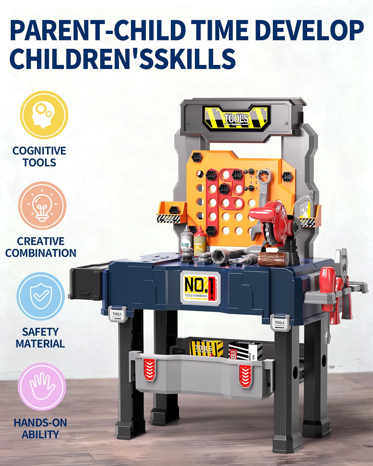 Deejoy Kids Tool Bench with Electric Drill and Engineer Vest, 3-in-1 Toddler Workbench and Costume Set, Construction Toys for Boys 3-5, Engineering Role Play Kit for Toddlers Age 3 4 5 6
