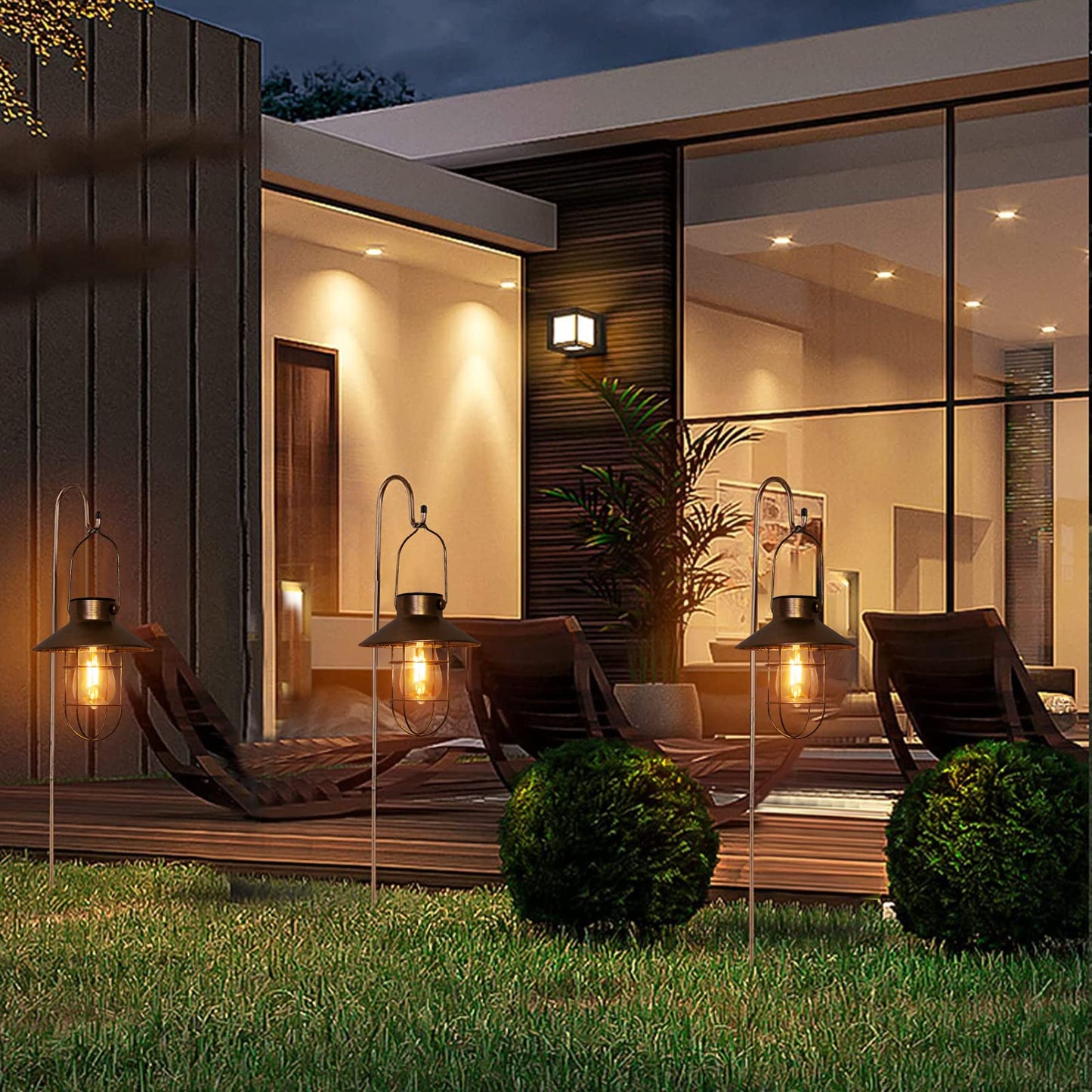 pearlstar Solar Lanterns Outdoor Metal Solar Powered Hanging Lights Waterproof for Wall Barn Yard Garden Patio Garage Balcony Porch Fence Decor, Warm White Edison Bulb (Black-2pack)