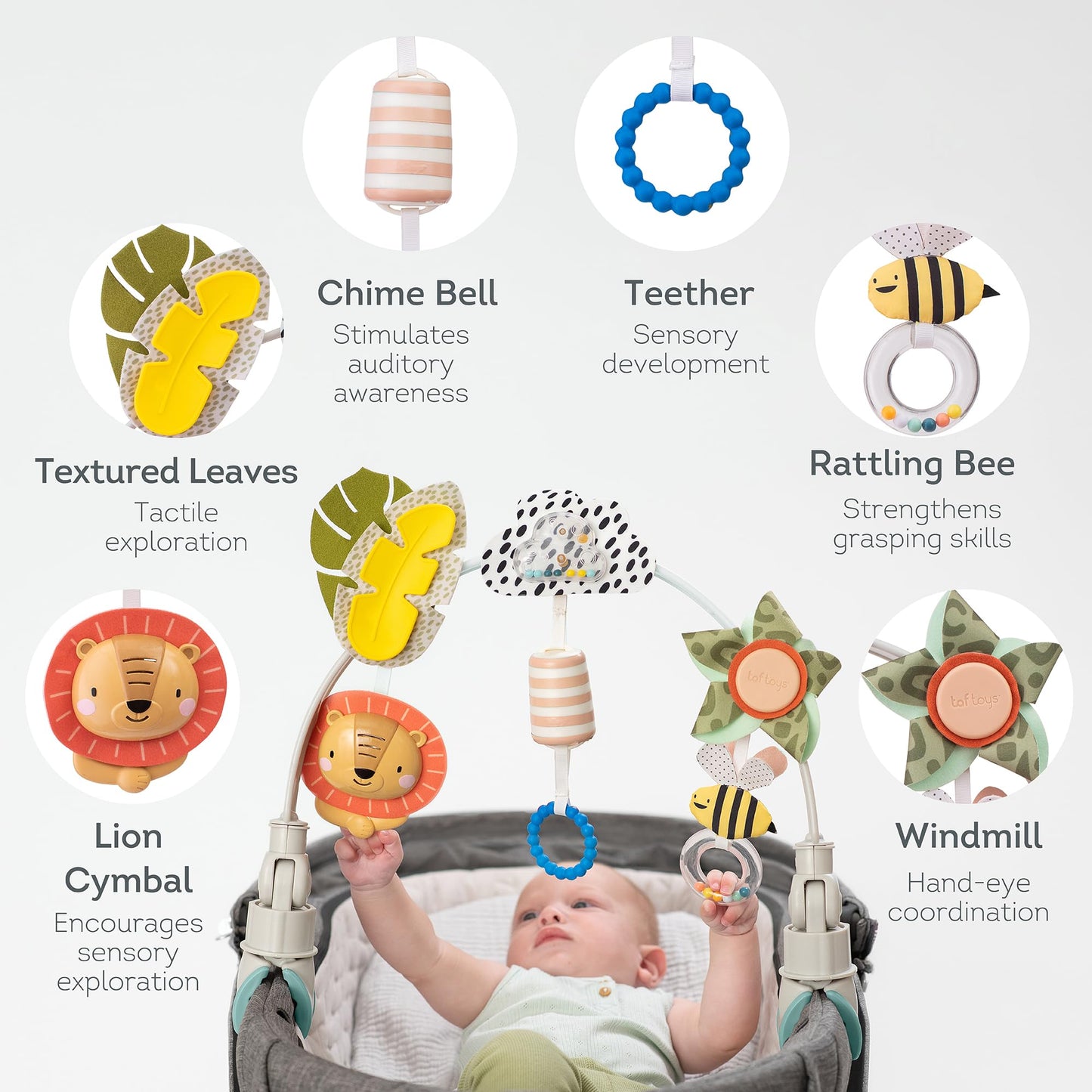 Taf Toys Savannah Adventures Arch with Fascinating Toys, Stimulates Baby’s Senses & Motor Skills Development | Newborn Toys & Baby Toys 3-6 Months | Use on Strollers, Bassinets, Car Seats
