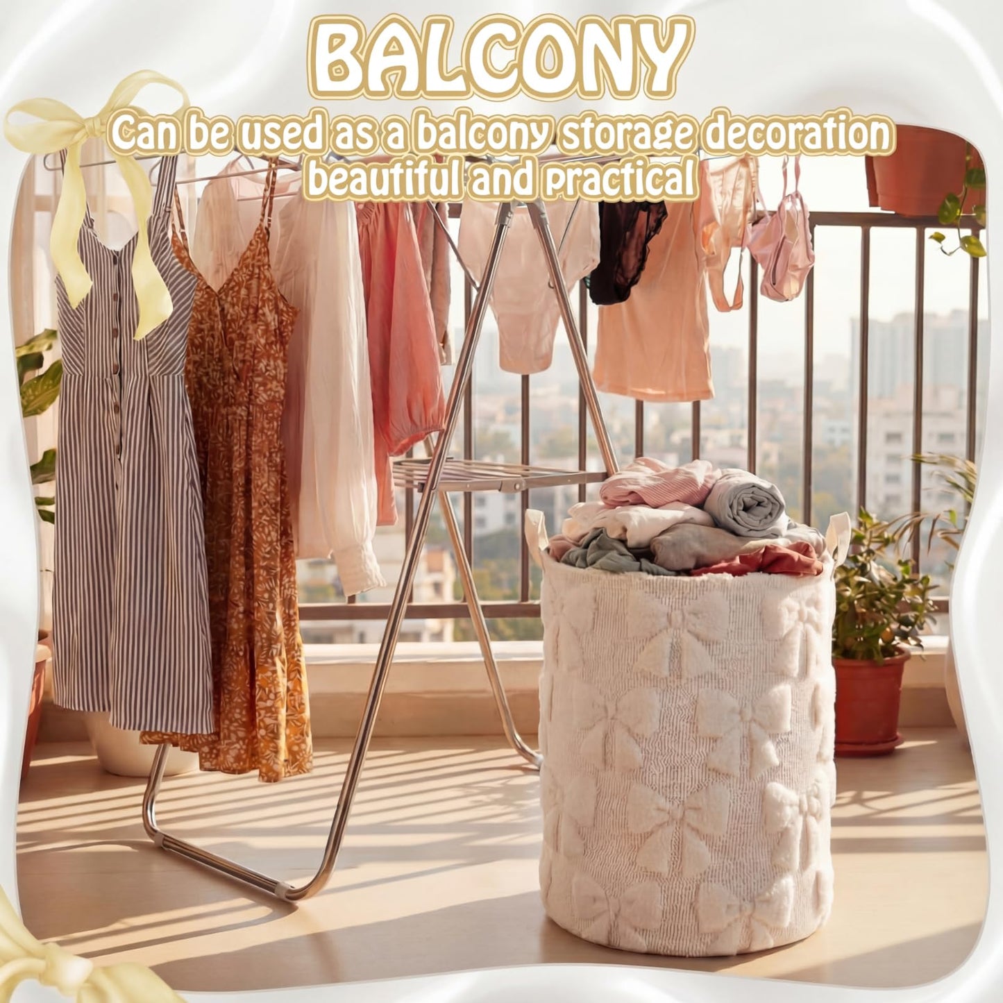 Blushtier White Bow Laundry Hamper Girls Room Decor Coquette White Bow Plush Faux Fur Basket Kids Large Storage Basket Collapsible Organize Bins for Gifts Toys Blanket Clothes Nursery Bedroom