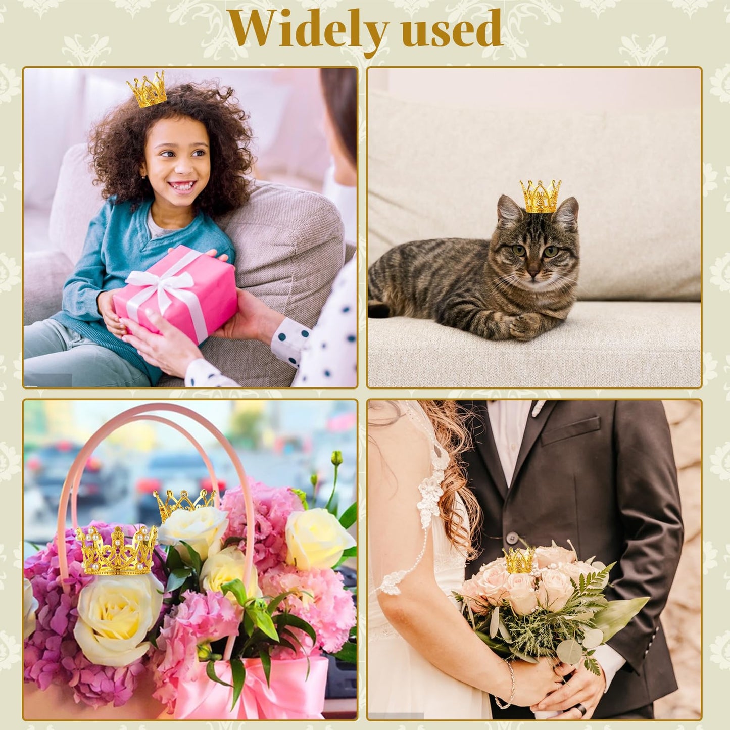 STARVAST 50PCS Mini Crowns Bulk for Flower Bouquets, Small Gold Crown Cupcake Toppers for Wedding, Baby Shower & Birthday Party Decorations, 5 Styles with Floral Arranging Needles
