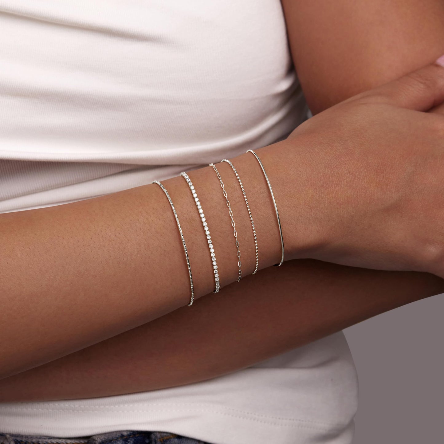 Silver Bracelets for Women 925 Silver Plated 5 Pcs Set - Dainty Stackable Waterproof Stainless Steel Jewelry - Minimalist Paperclip Beaded Tennis Bangle Bracelet Set for Women Gifts