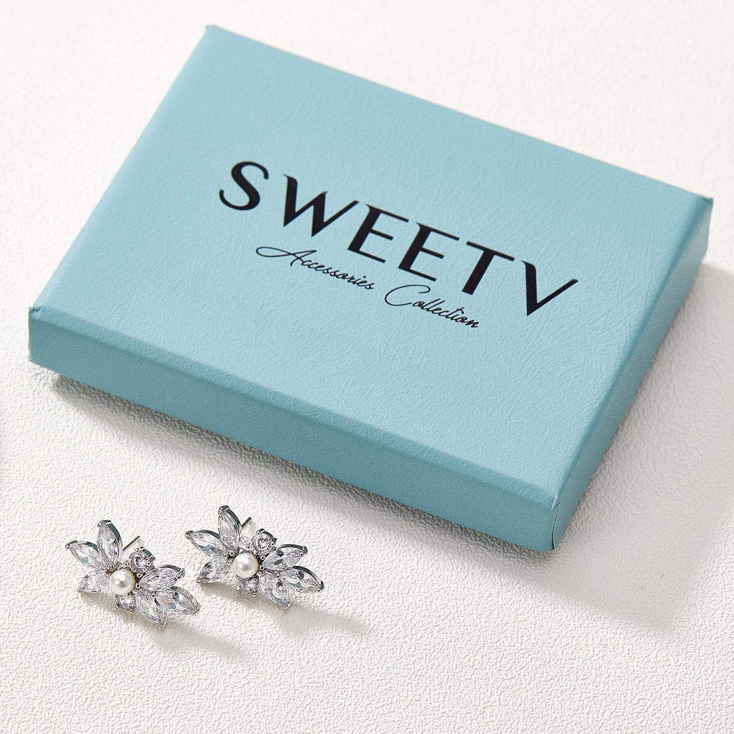 SWEETV Marquise Cubic Zirconia Wedding Bridal Stud Earrings for Brides Bridesmaids, Crystal Pearl Rhinestone Stud Earrings for Women Prom Party Jewelry Gifts, Silver